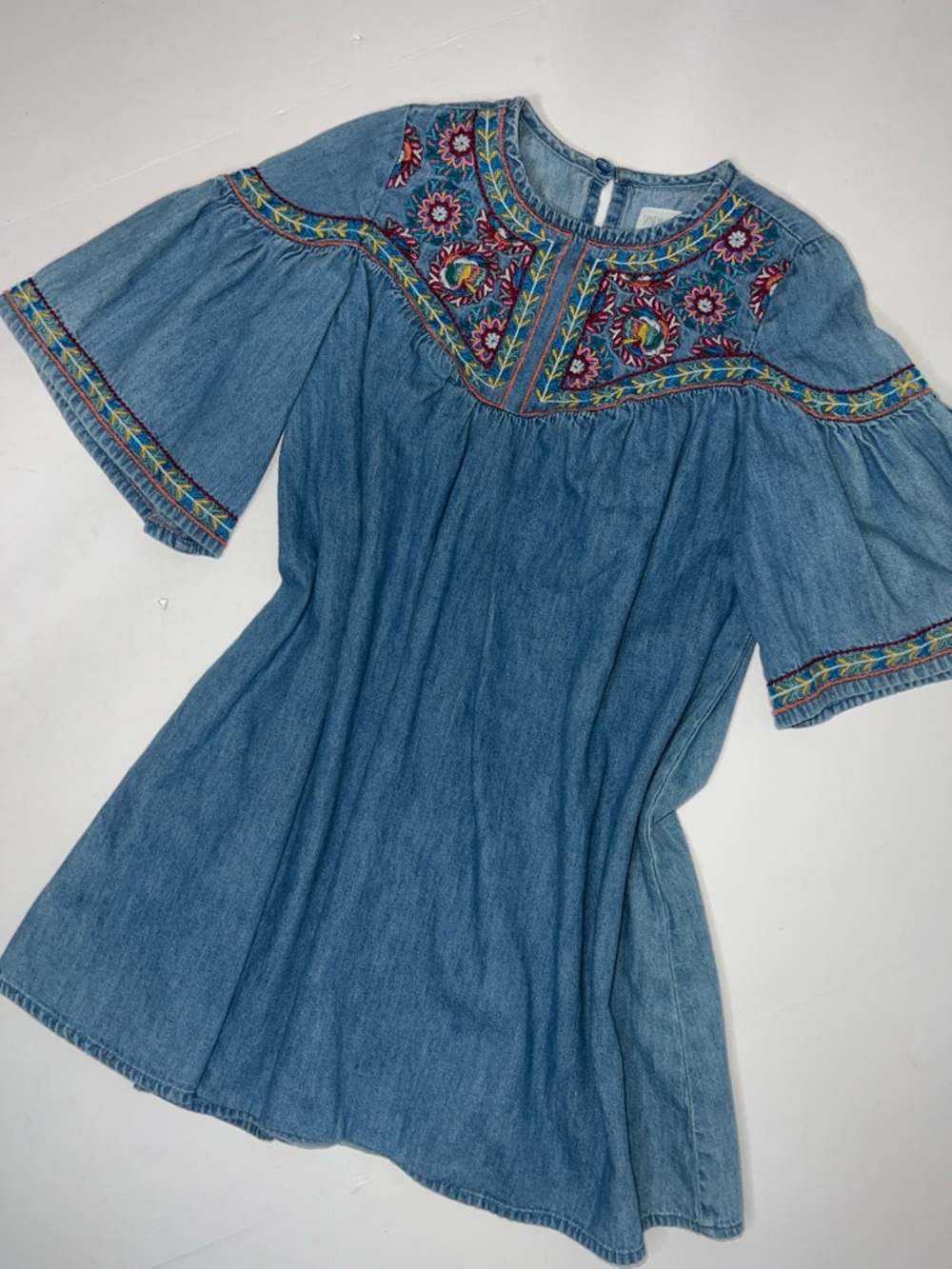 Zara Blue Denim Dress with Multicolor Embroidery Girls 7